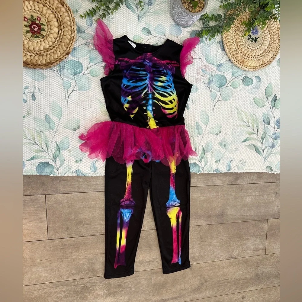 Vintage Halloween Costume Black Vibrant Colored Skeleton Jumpsuit Romper Girls
